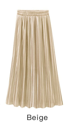 Trytree Summer Autumn Pleated Skirt Womens Vintage High Waist Skirt Solid Long Skirts New Fashion Metallic Skirt Female