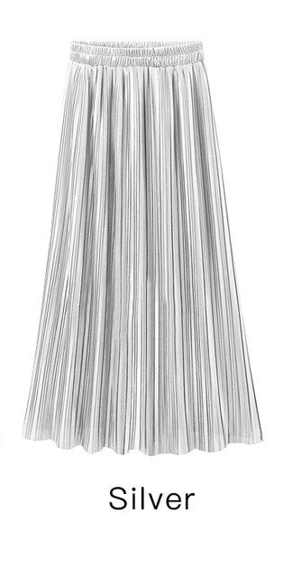 Trytree Summer Autumn Pleated Skirt Womens Vintage High Waist Skirt Solid Long Skirts New Fashion Metallic Skirt Female