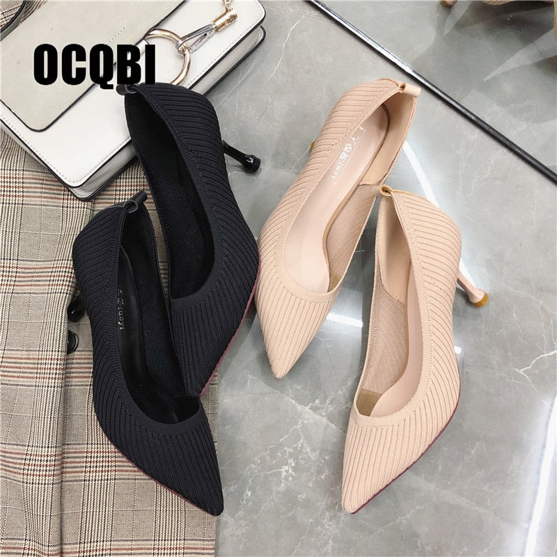 Autumn Spring Cotton Boots Fashion Elastic Farbic Sexy Party Pumps Black Nude Women Pointed Toe High Heels Mature Shoes Size 39