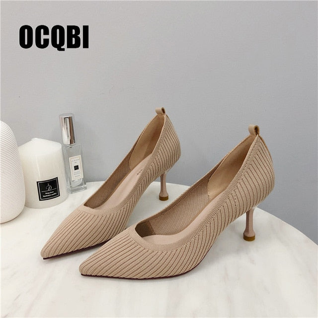 Autumn Spring Cotton Boots Fashion Elastic Farbic Sexy Party Pumps Black Nude Women Pointed Toe High Heels Mature Shoes Size 39