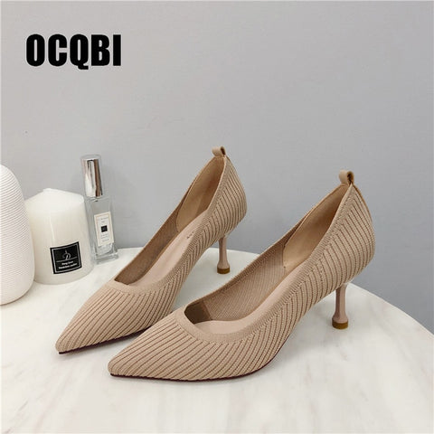 Autumn Spring Cotton Boots Fashion Elastic Farbic Sexy Party Pumps Black Nude Women Pointed Toe High Heels Mature Shoes Size 39