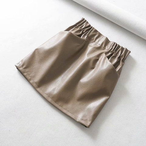 Women Skirts  Above Knee Mini Women's double pocket elastic waist PU Faux leather skirt Jupe Femme Faldas Mujer