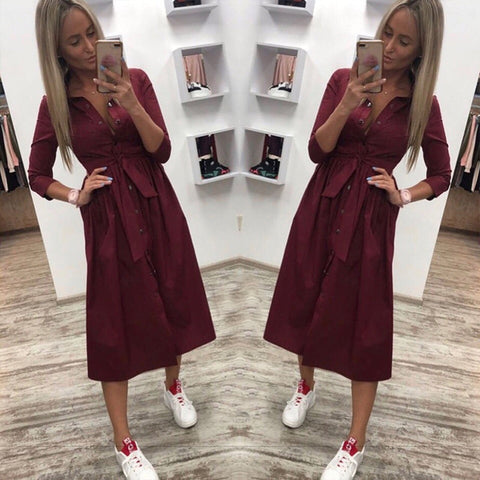 Casual Sashes a Line Women Dress Ladies Long Sleeve Turn Down Collar Fashion Party Dress Autumn Elegant Long Dress shirt dress