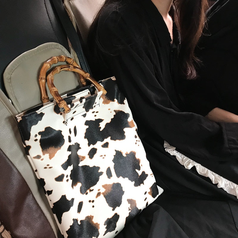 Vintage Cow Pattern Women Handbags Designer Bamboo Handle Hand Bags Casual Large Capacity Totes Female Purses lady Bucket Bag
