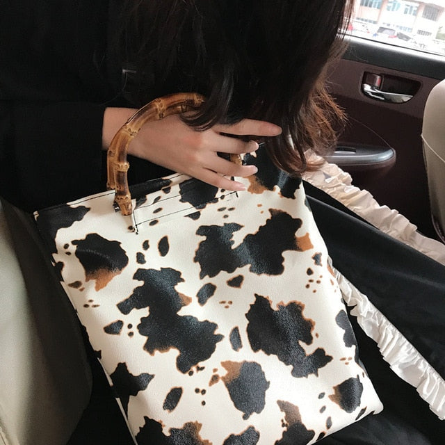 Vintage Cow Pattern Women Handbags Designer Bamboo Handle Hand Bags Casual Large Capacity Totes Female Purses lady Bucket Bag