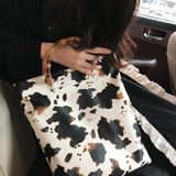 Vintage Cow Pattern Women Handbags Designer Bamboo Handle Hand Bags Casual Large Capacity Totes Female Purses lady Bucket Bag
