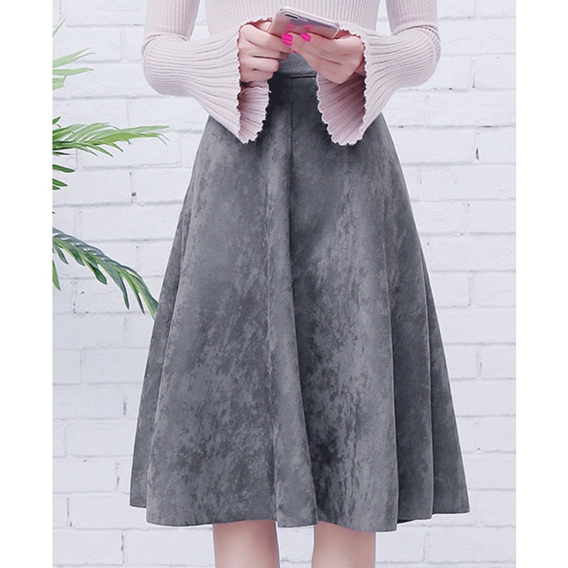 Neophil Women Suede High Waist Midi Skirt 2019 Winter Vintage Style Elastic Ladies A Line Black Green Flare Fashion Skirt  S29A4