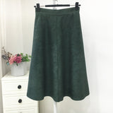 Neophil Women Suede High Waist Midi Skirt 2019 Winter Vintage Style Elastic Ladies A Line Black Green Flare Fashion Skirt  S29A4