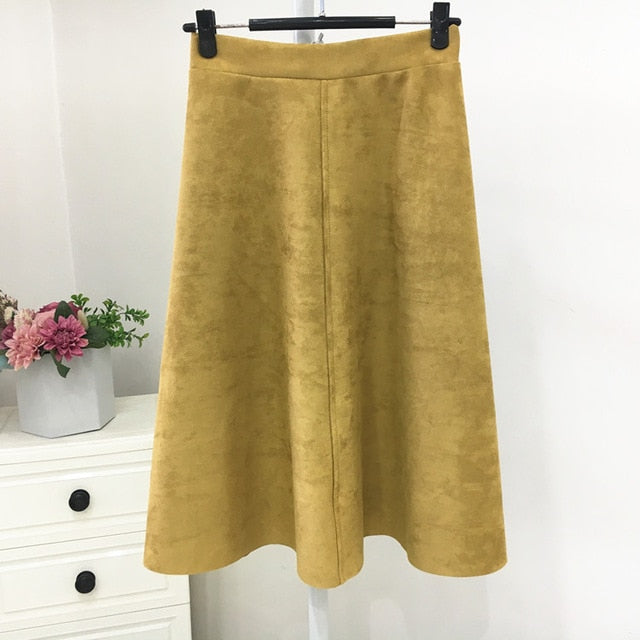 Neophil Women Suede High Waist Midi Skirt 2019 Winter Vintage Style Elastic Ladies A Line Black Green Flare Fashion Skirt  S29A4