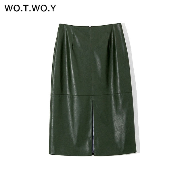 WOTWOY Autumn Office Lady Faux Leather Women Skirt 2019 Formal High Waist Midi Pencil Skirt Knee-Length Back Split Skirt Womens