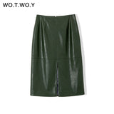 WOTWOY Autumn Office Lady Faux Leather Women Skirt 2019 Formal High Waist Midi Pencil Skirt Knee-Length Back Split Skirt Womens