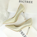 Metal Heel Shoes Women Silk Thin High Pumps Satin Heeled Sexy Elegant High Heels Yellow 34 42 43 Pointed Fashion Ladies Shoes