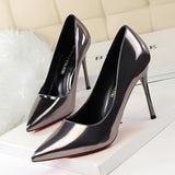 Thin Heel Patent Leather Pumps Lady Fashion High Heel Pointed Toe Single Shoes Black