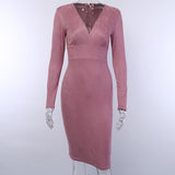 Cryptographic Velvet Sexy V-Neck Winter Dresses Women Midi Dresses Fashion Christmas Wrap Long Sleeve Bodycon Dress Solid