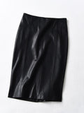 Women Sexy Soft PU Leather Pencil Midi Skirt Autumn Ladies Package Hip Back Split Faux Leather Pencil Skirt Burgundy Coffee