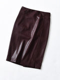 Women Sexy Soft PU Leather Pencil Midi Skirt Autumn Ladies Package Hip Back Split Faux Leather Pencil Skirt Burgundy Coffee