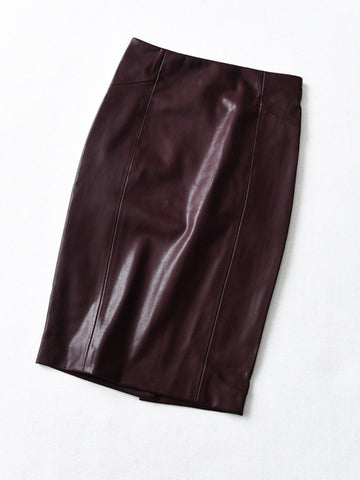 Women Sexy Soft PU Leather Pencil Midi Skirt Autumn Ladies Package Hip Back Split Faux Leather Pencil Skirt Burgundy Coffee