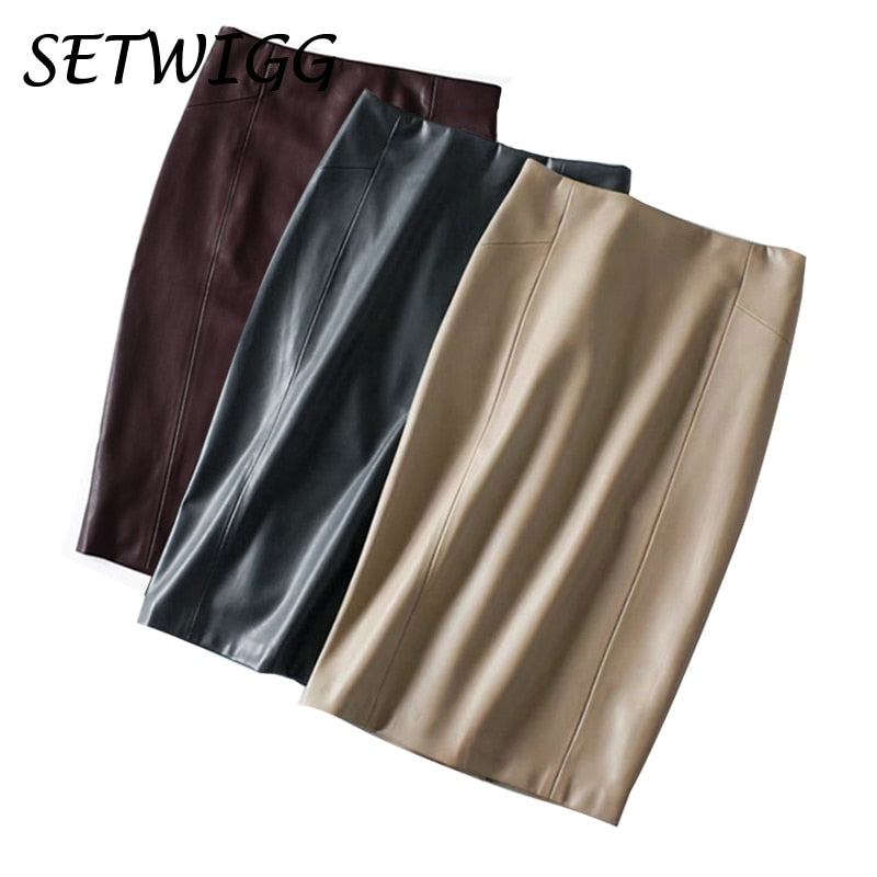 Women Sexy Soft PU Leather Pencil Midi Skirt Autumn Ladies Package Hip Back Split Faux Leather Pencil Skirt Burgundy Coffee