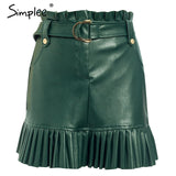 Simplee Sash belt PU leather women skirt Ruffled high waist female mini skirt A-line Party club wear ladies sexy short skirt