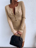 Sexy Slim Mini Knit Dress Women Autumn O Neck Long Sleeve Patchwork Button Decor Hips Dress Ladies Fashion Party Bodycon Dresses