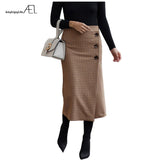 AEL Retro Female Hight Waist Asymmetry Woolen Midi Skirt Wrap New Plaid Women Clothing Vintage Fashion Jupe Longue Femme Slim