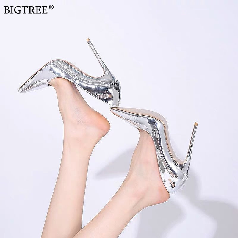 2019 Women shoes Sexy high heels party pumps Female Summer heels mirror face leather Silver Golden ladies shoe zapatillas mujer